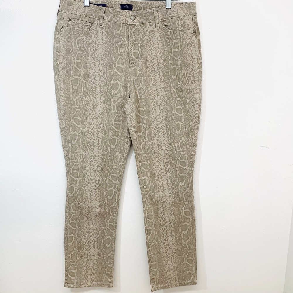 NYDJ‎ Sheri Slim Snake Print Pants 16 Beige Front Zip Pockets Stretch Made  USA